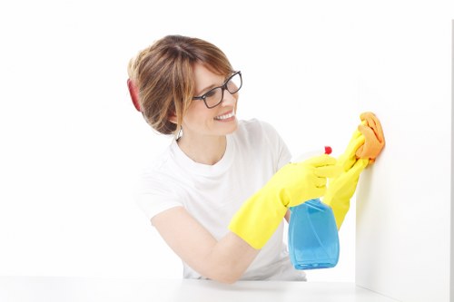 Professional home cleaner working in a Catford kitchen and dining area